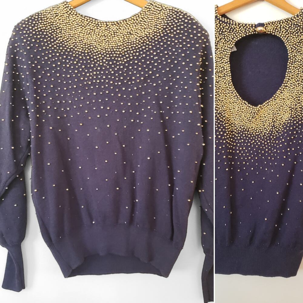 Vintage 80's Bonnie Boerer Embellished Navy Sweater & Skirt Set Gold Beads S